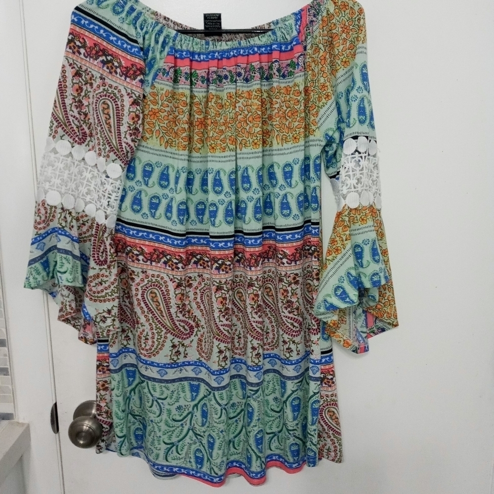 Win Win Paisley and Floral Multicolor Patchwork Blouse w Embroidered Bell Sleeve
